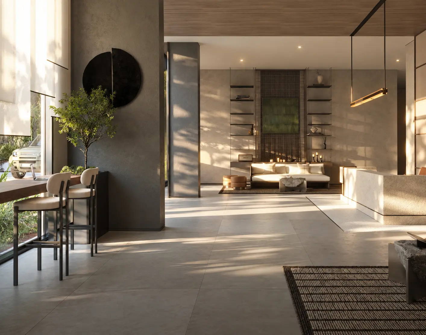 Sei interior with natural stone, warm timber and layered material finishes