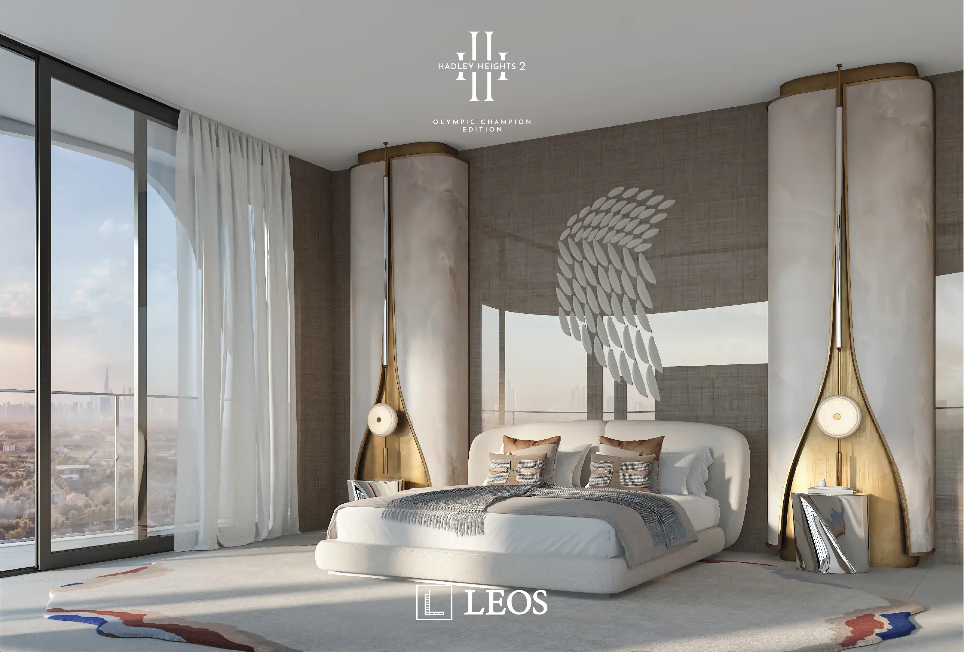 Bedroom with skyline views inside a Hadley Heights 2 residence