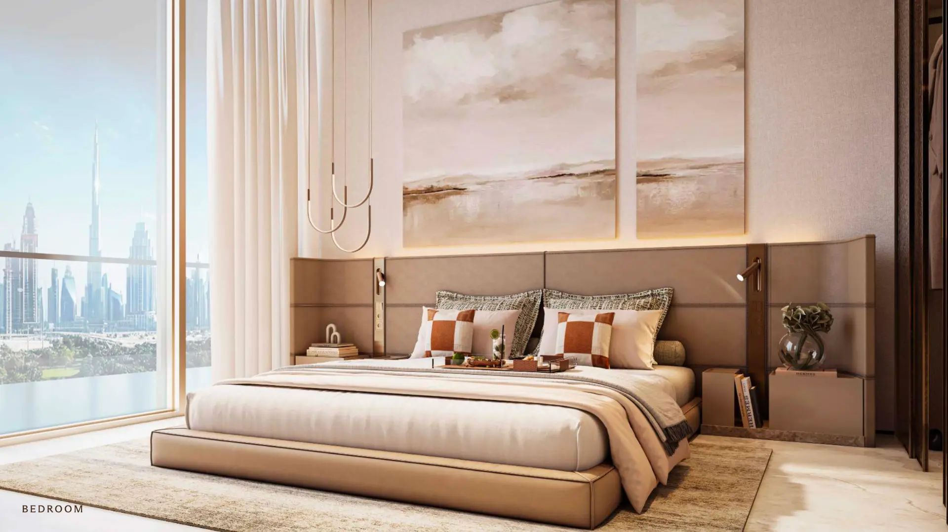 Bedroom inside a Sea Cliff residence with Dubai skyline views