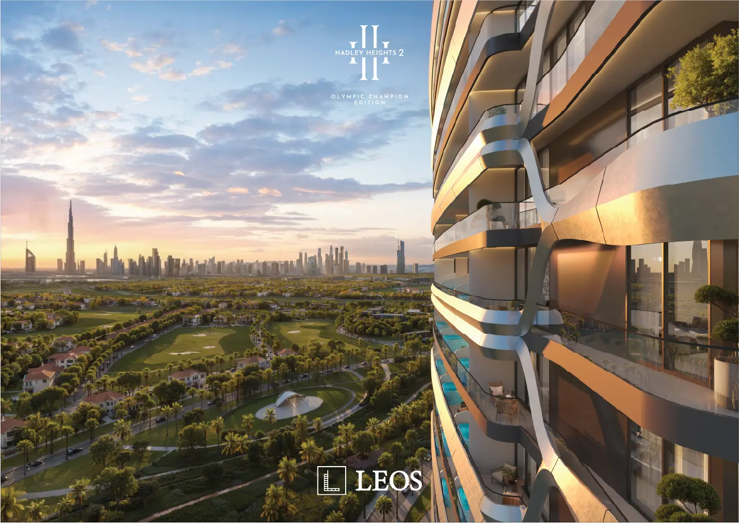 Hadley Heights 2 balconies overlooking the golf course, with the Burj Khalifa on the skyline