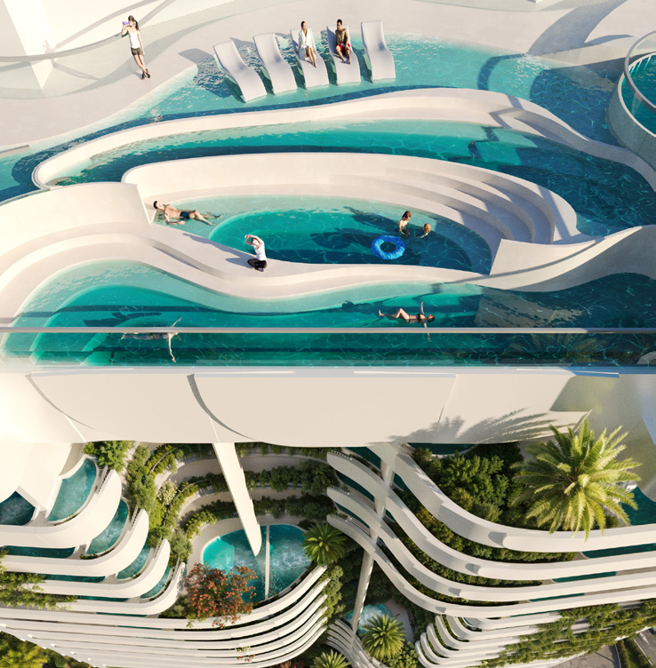 Cascading rooftop jacuzzi at Weybridge Gardens 4, Dubailand