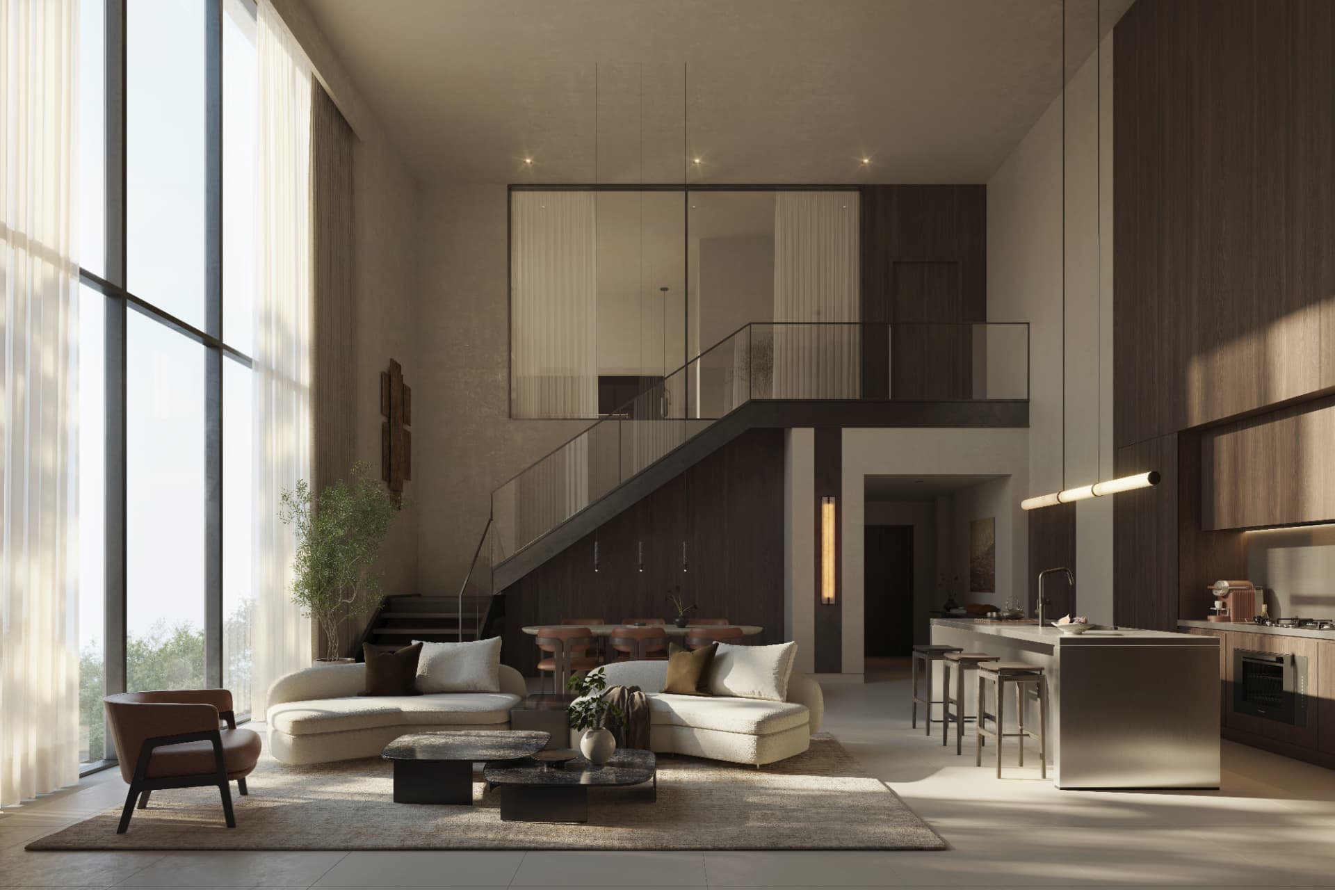 Kanso loft living space at Sei — double-height volume with natural light, timber and stone