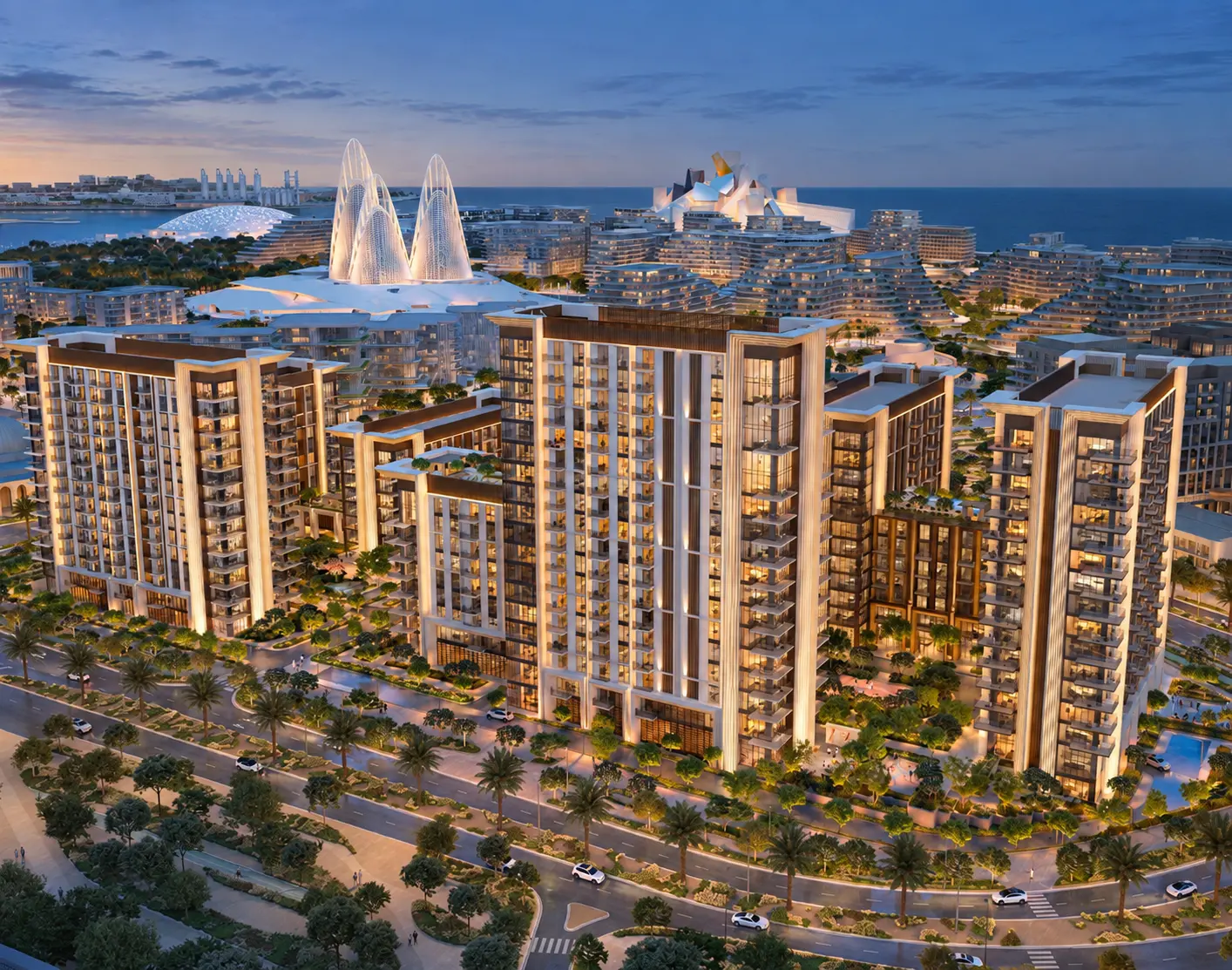 Sei residences, Saadiyat Island — stone facades and shaded terraces behind native planting
