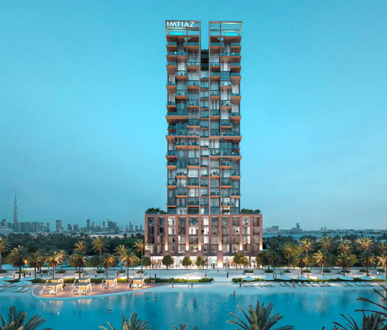 Front elevation of Wynwood Horizon beside the lagoon