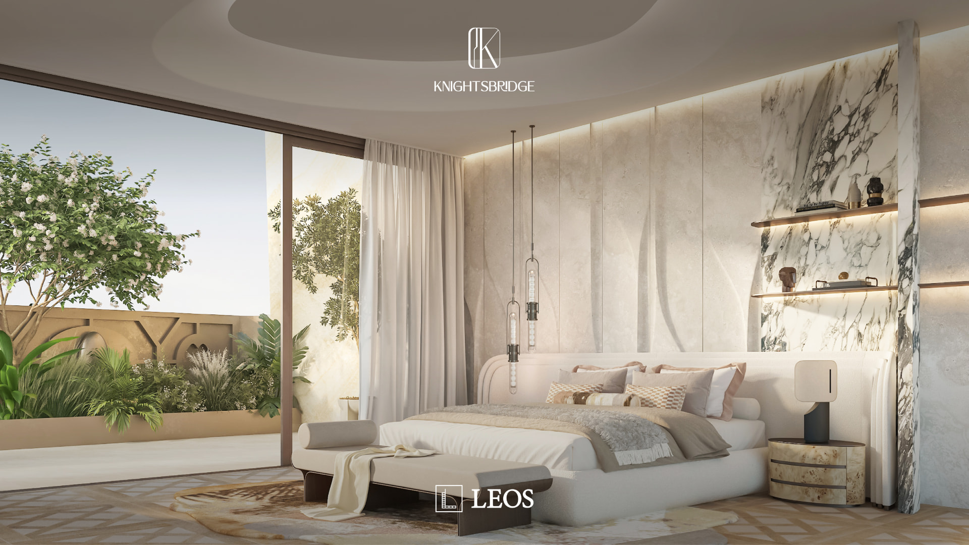 Principal bedroom opening onto the garden at Knightsbridge, Meydan