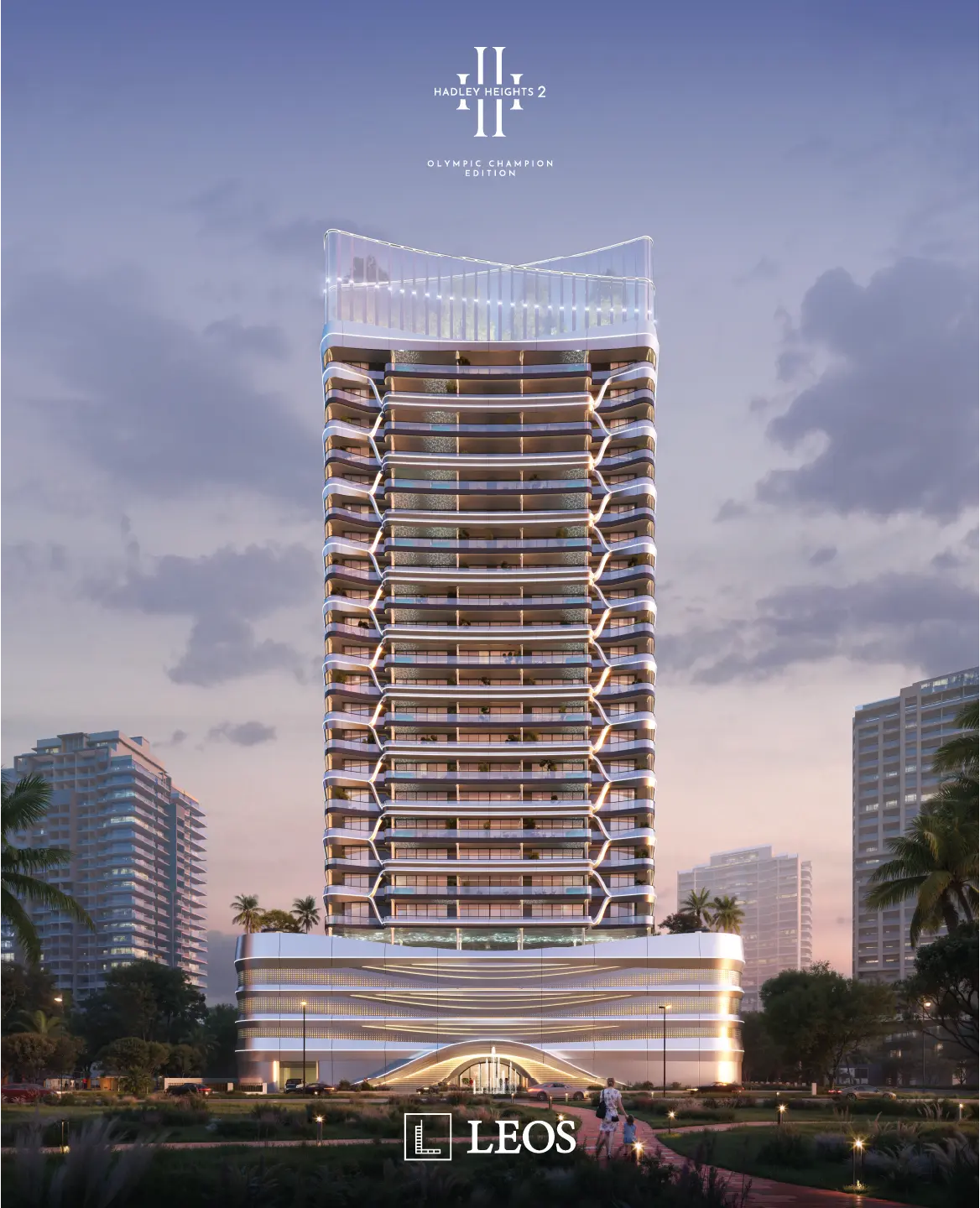 The Hadley Heights 2 tower at dusk in Dubai Sports City