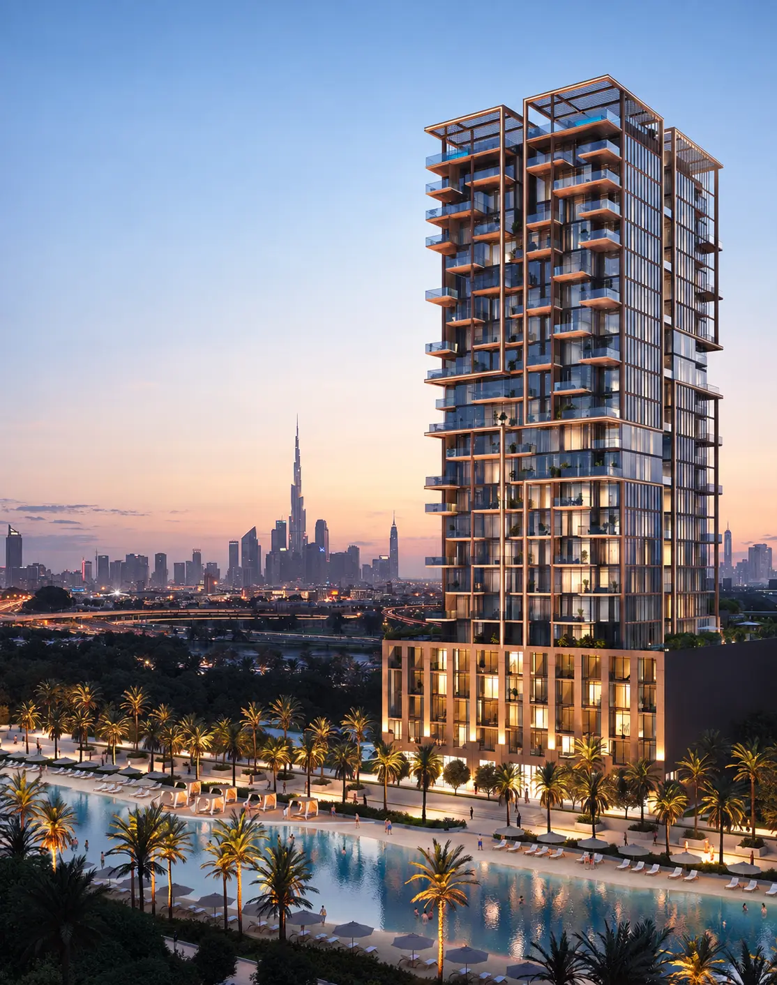 Wynwood Horizon beside the lagoon with the Dubai skyline beyond