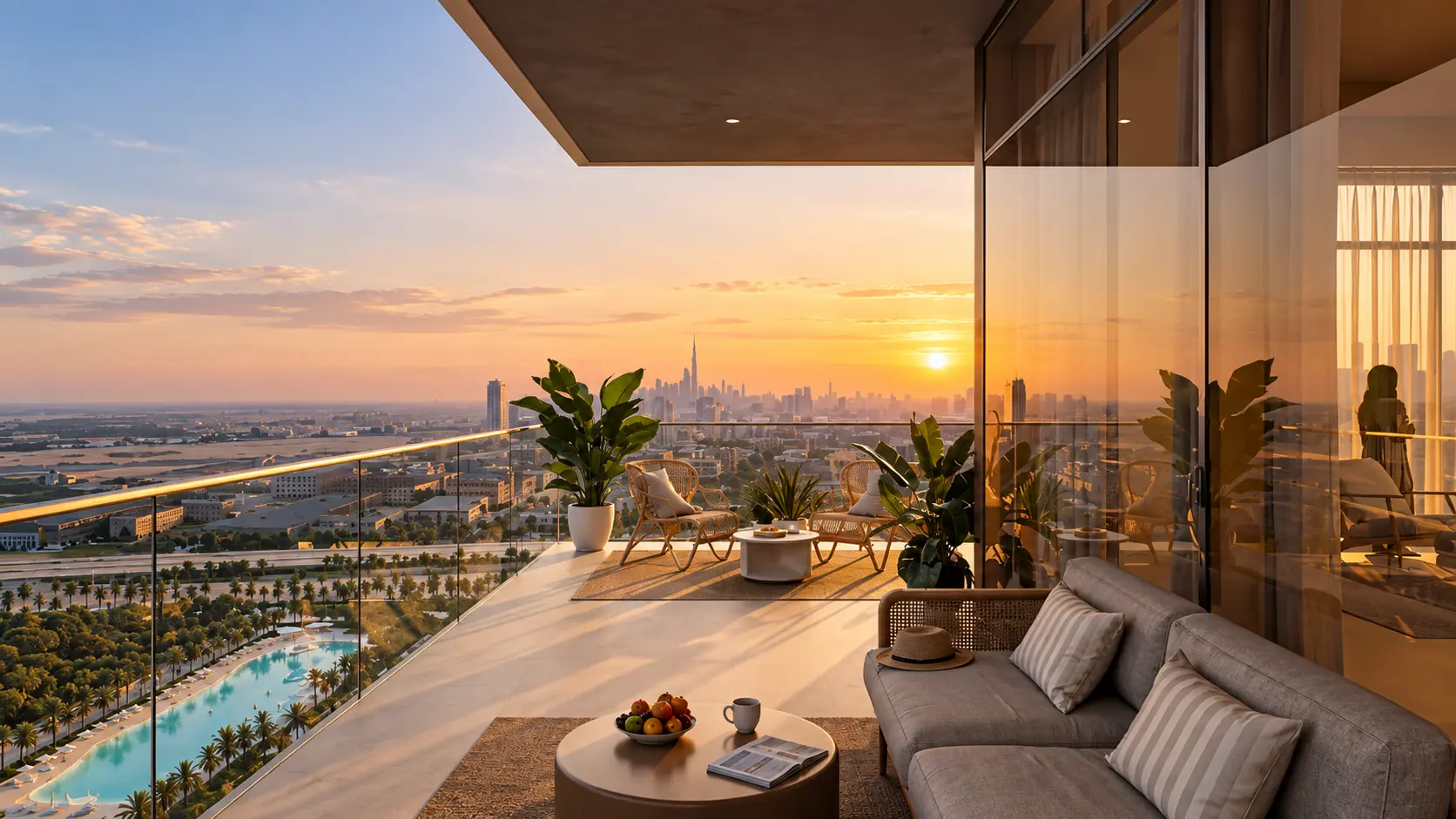 Wynwood Horizon terrace looking towards the Dubai skyline at sunset
