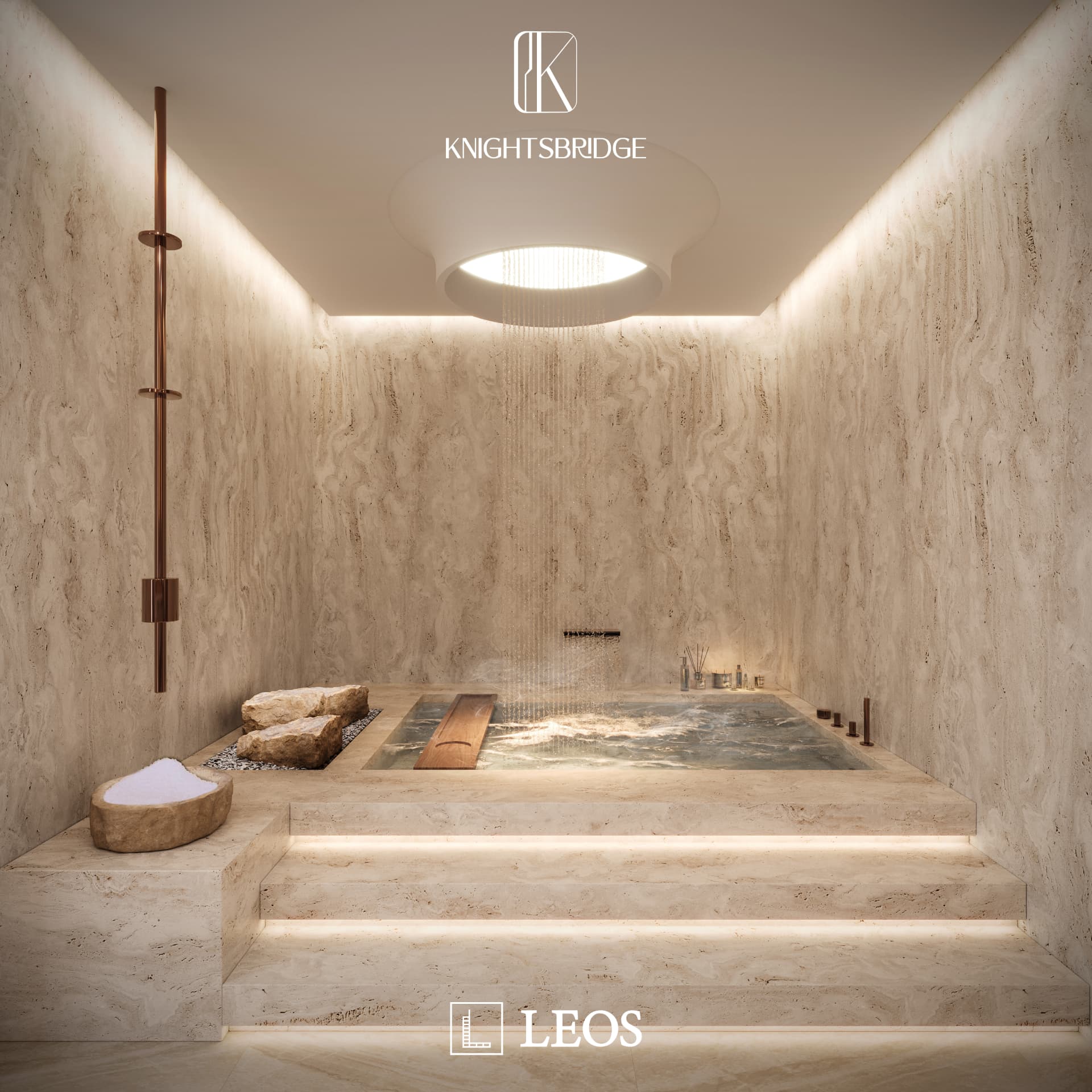 Travertine spa and plunge pool inside a Knightsbridge villa, Meydan