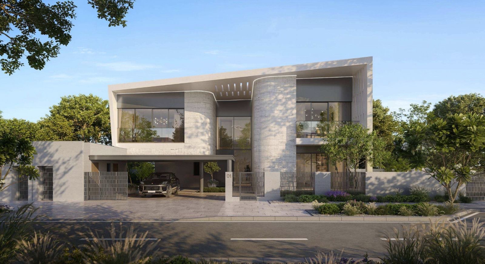 Wide front elevation of a Talay villa on Saadiyat Island