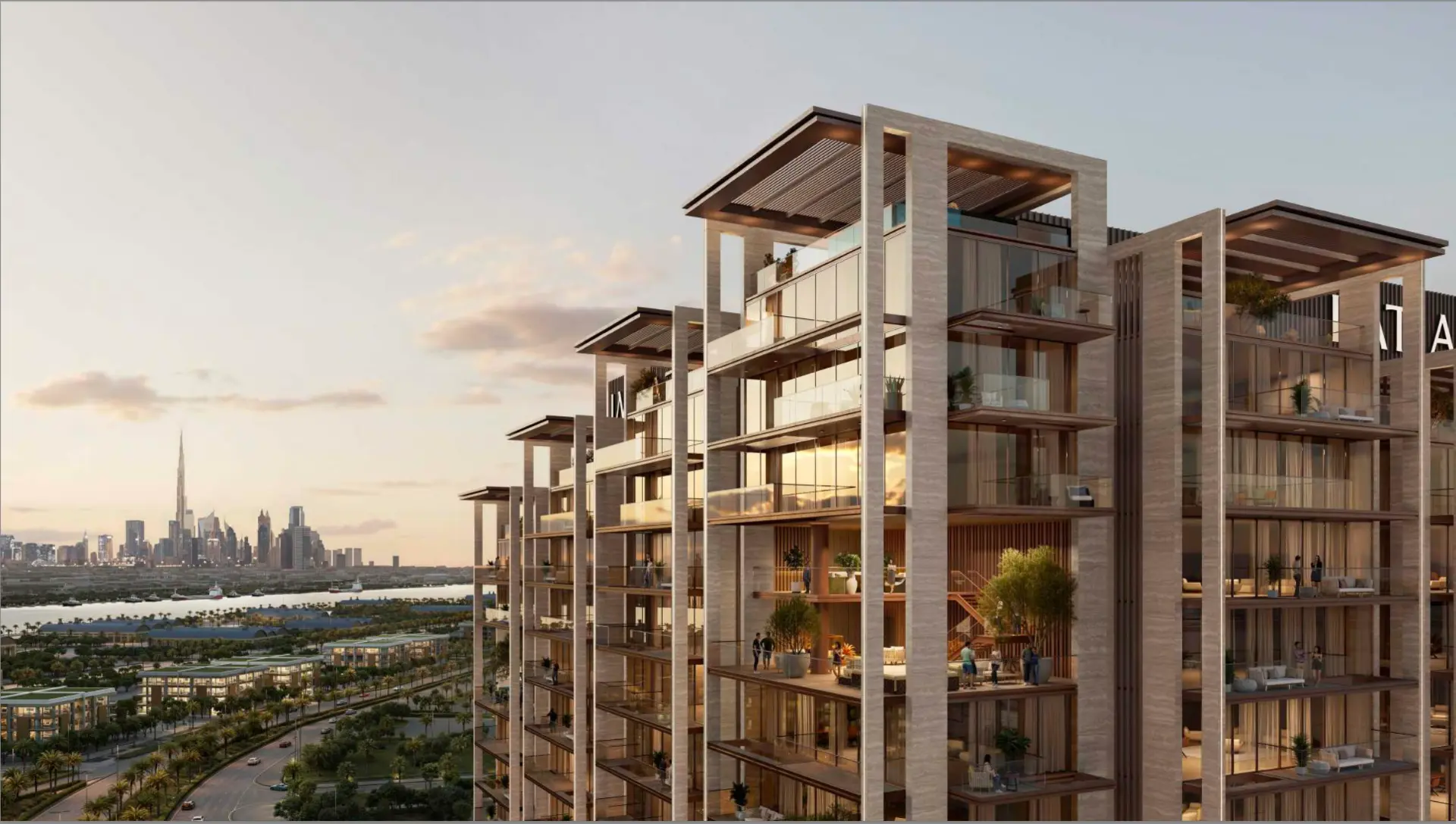 Terraced residences at Sea Cliff, Dubai Islands, with the Dubai skyline beyond