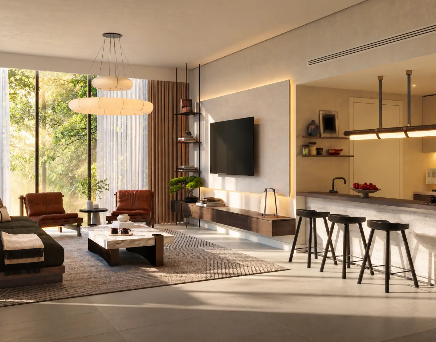 Sei living space showing warm timber, natural textures and daylight