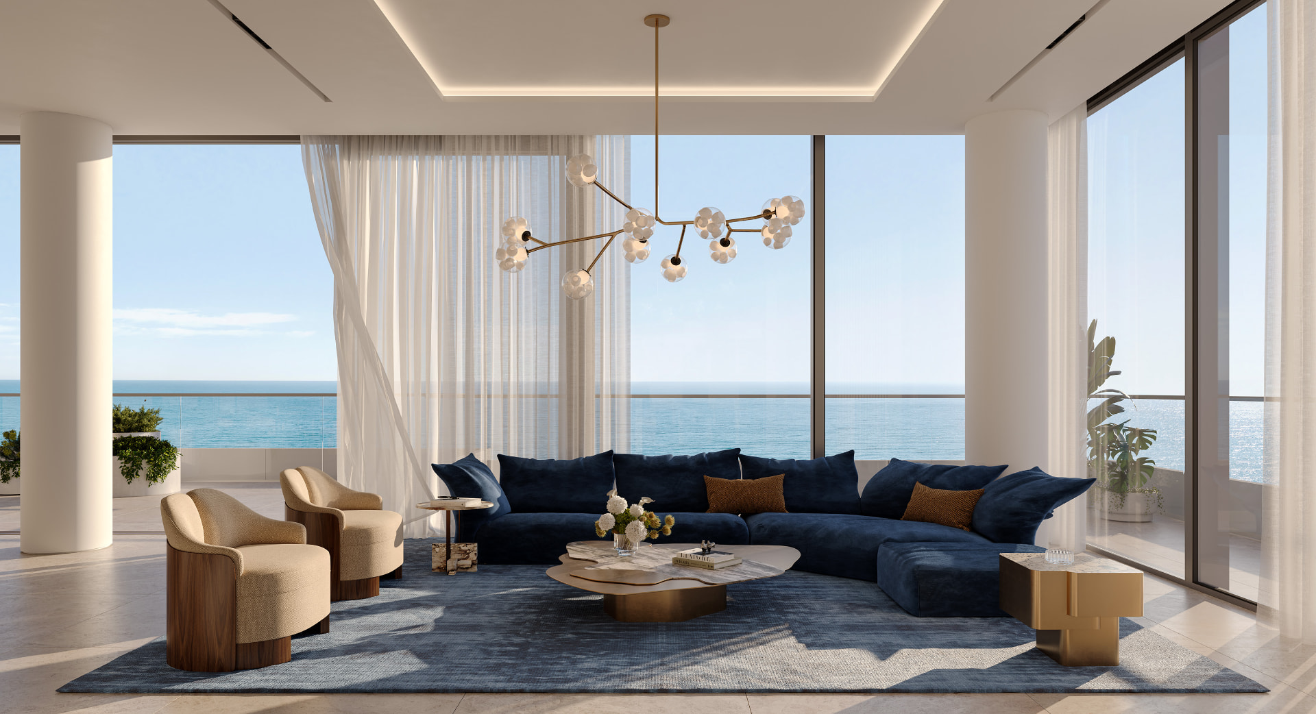 ARIA living room with full-height glazing and Arabian Gulf views