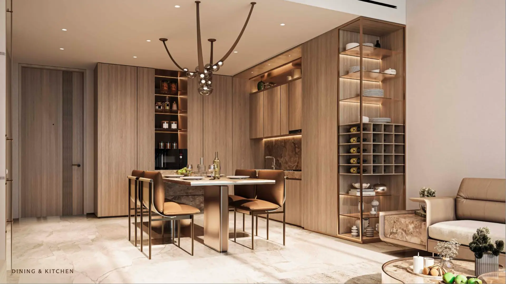 Dining and kitchen inside a Sea Cliff residence, Dubai Islands