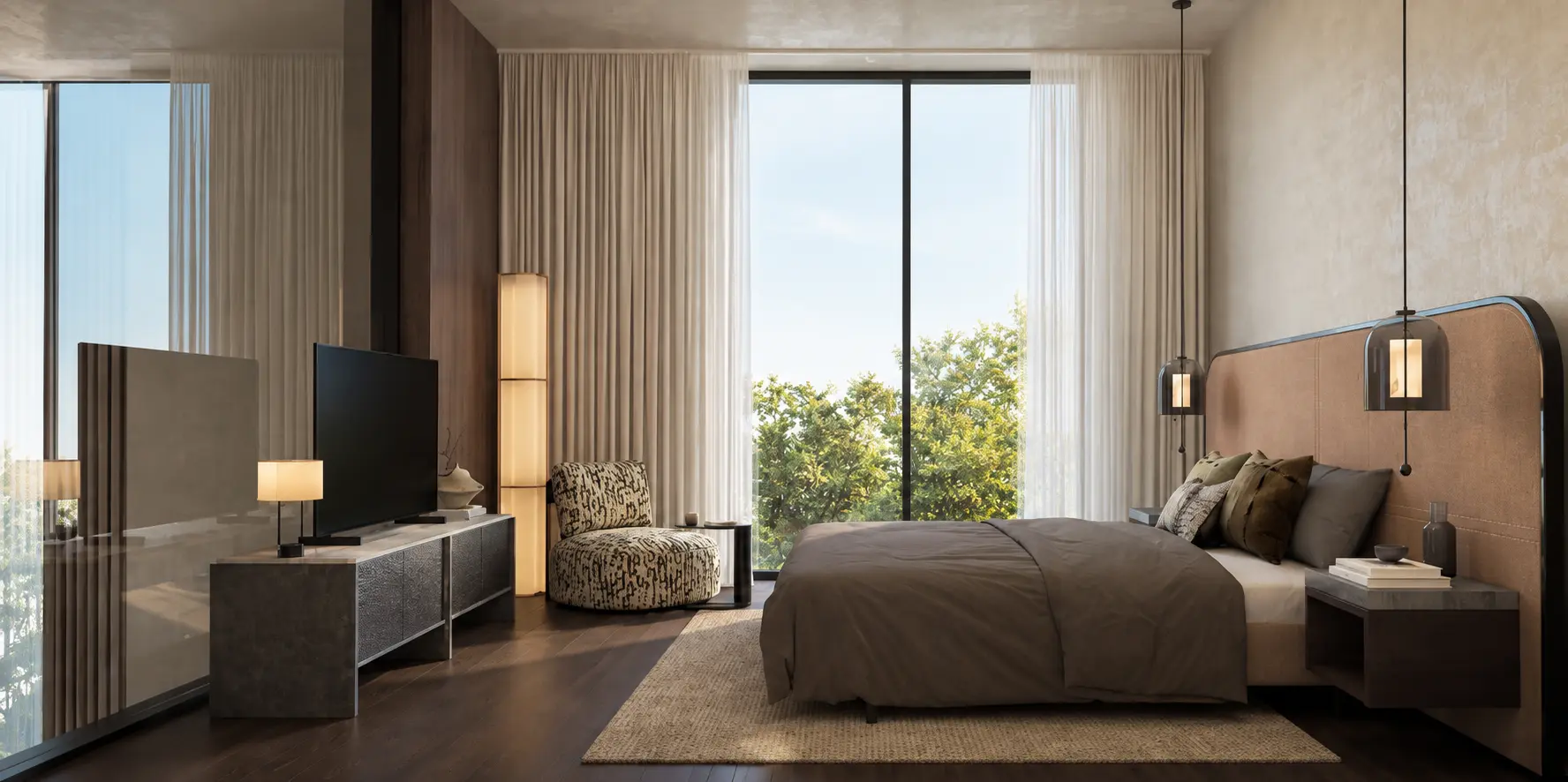 A bedroom at Sei — calm, warm neutrals with floor-to-ceiling light
