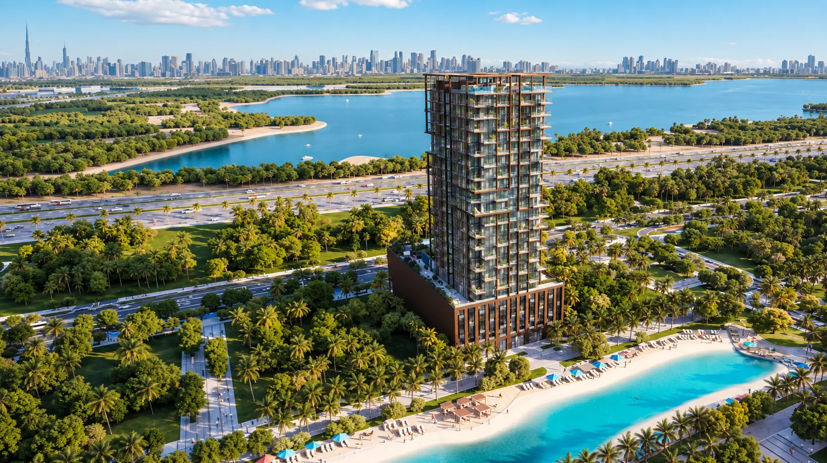 Aerial view of Wynwood Horizon between the lagoon and Dubai skyline