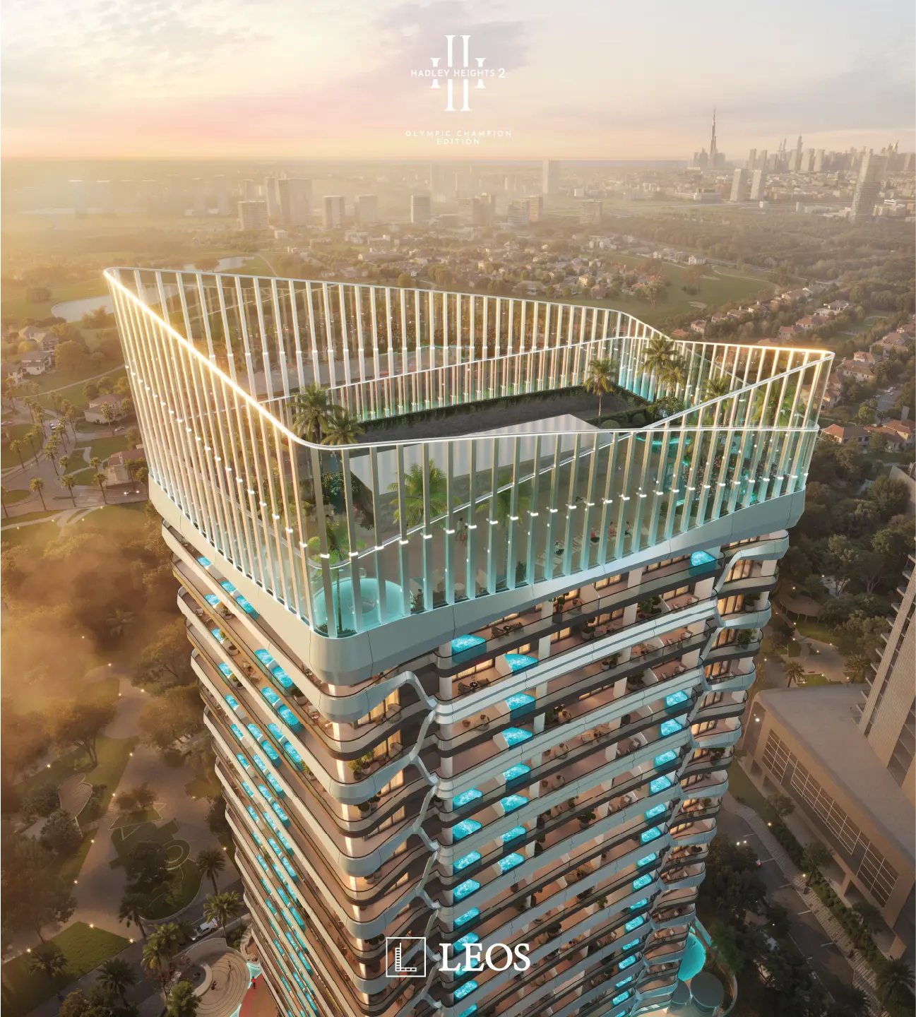 Aerial view of Hadley Heights 2 and its rooftop deck above the Dubai Sports City golf course