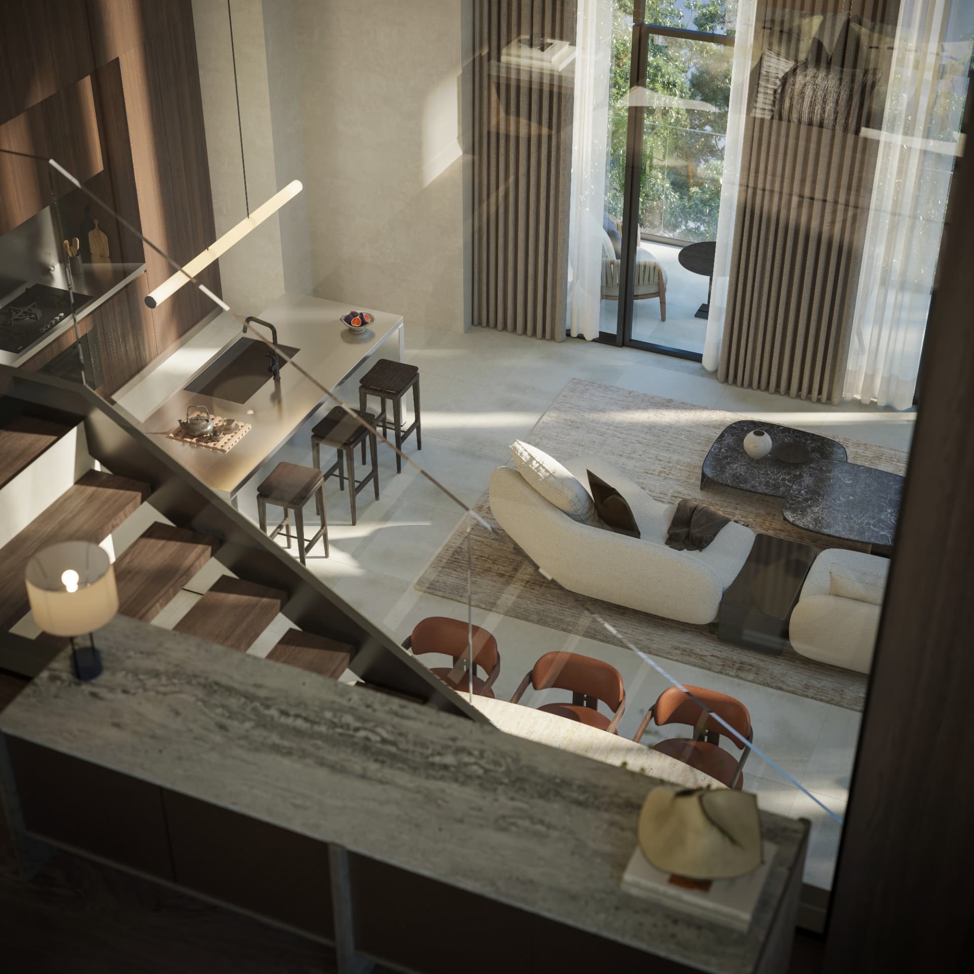 Kanso loft interior detail — mezzanine view with timber, stone and soft daylight