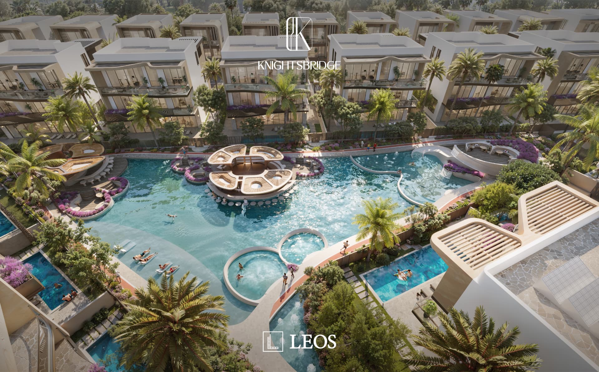 Lagoon and pool deck at Knightsbridge, District 11, Meydan