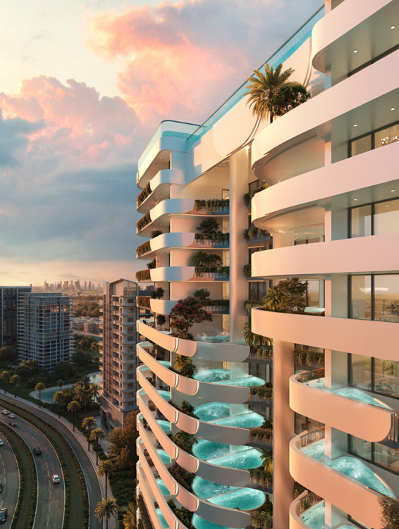 Balconies with private pools at Weybridge Gardens 4, Dubailand