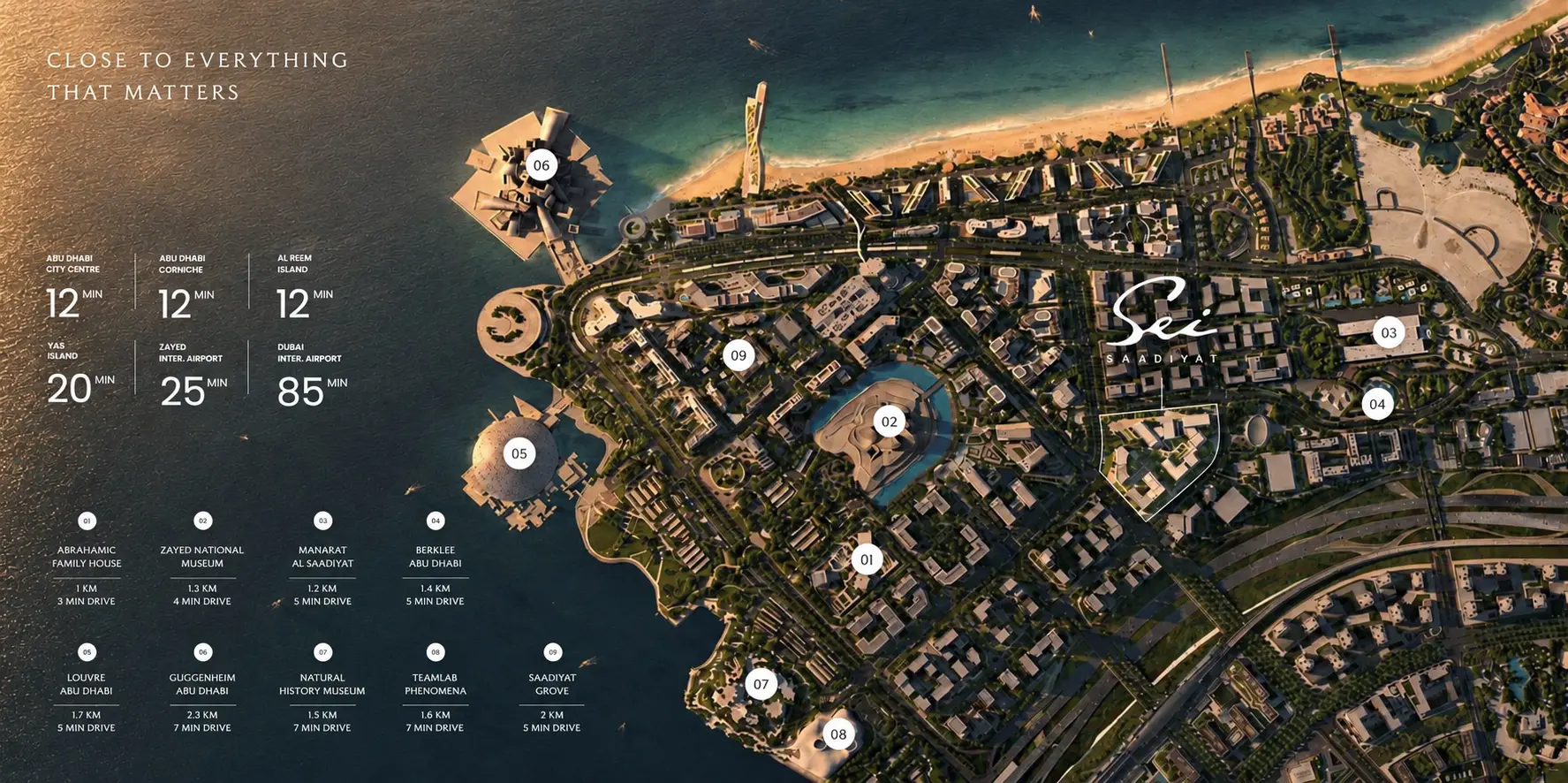 Sei's position within Saadiyat Cultural District and its proximity to major institutions
