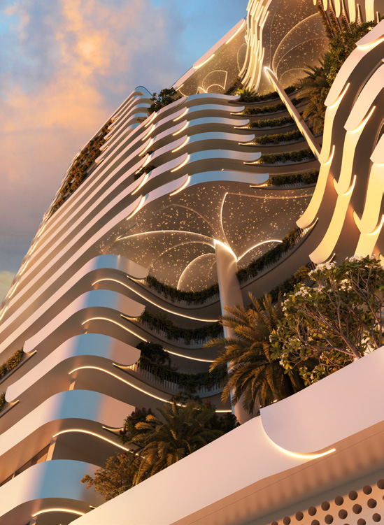 Petal-inspired facade of Weybridge Gardens 4, Dubailand, at dusk