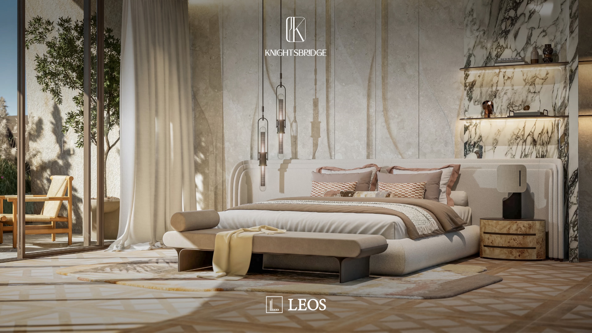 Bedroom with terrace doors inside a Knightsbridge villa, Meydan
