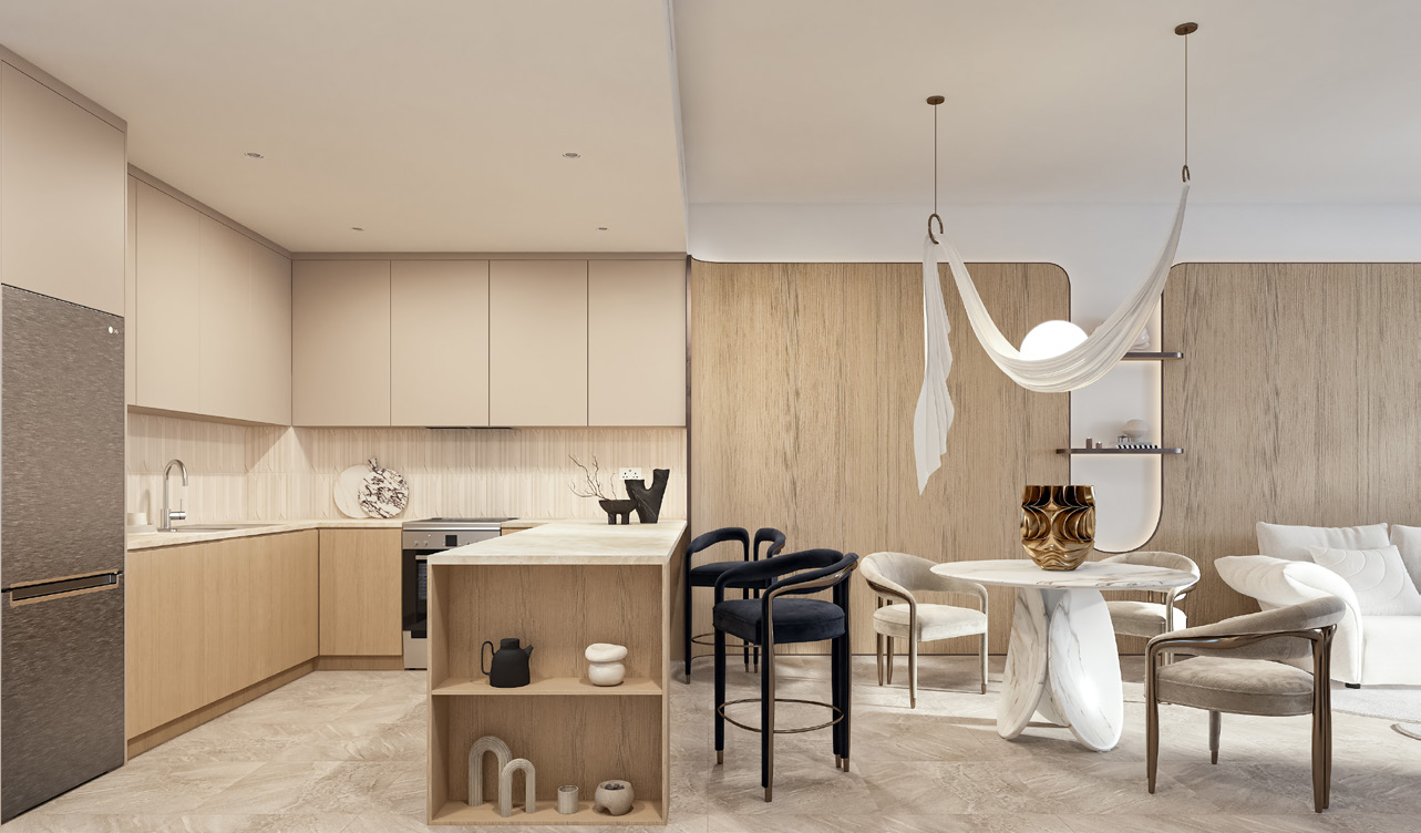 Kitchen and dining inside a Weybridge Gardens 4 residence, Dubailand