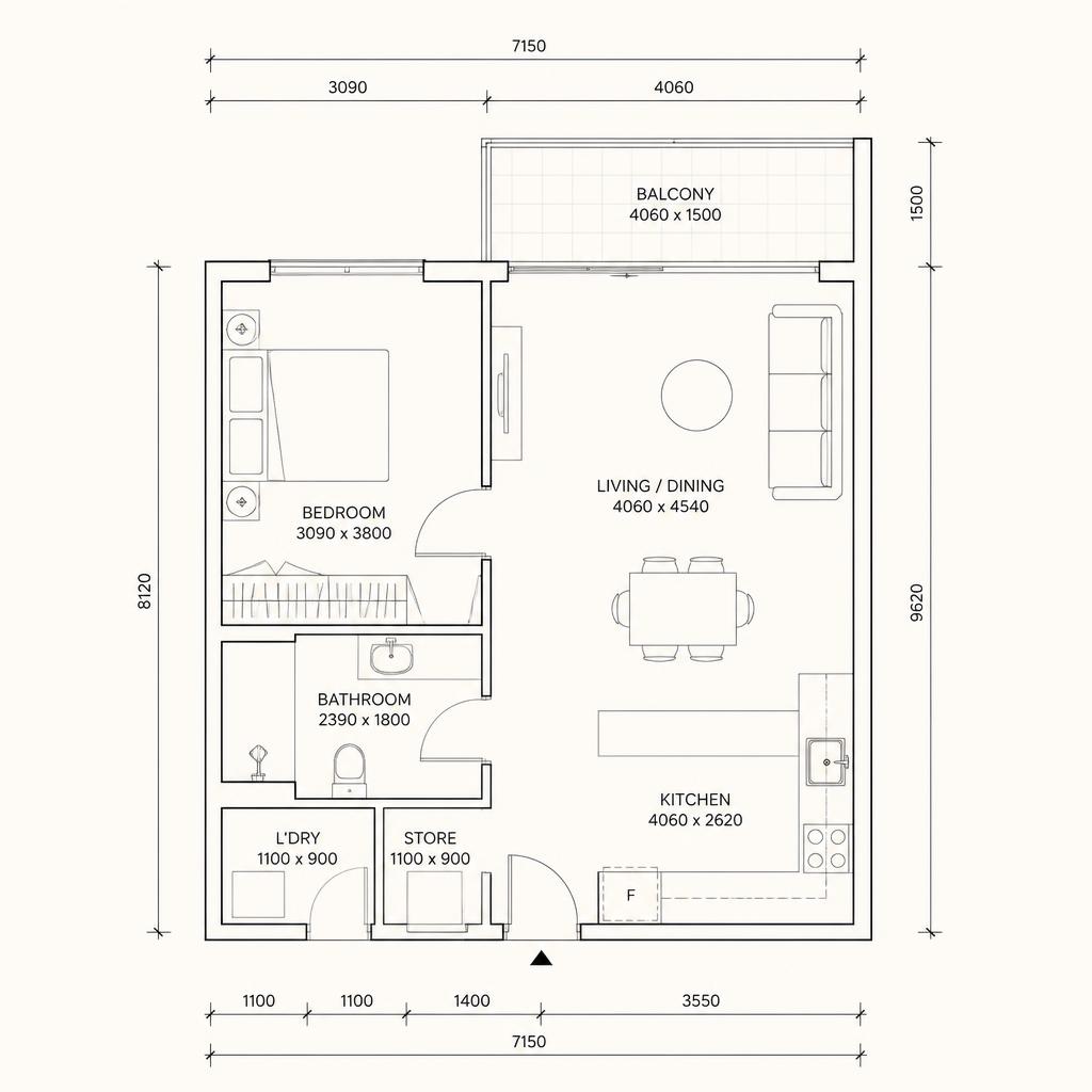 Indicative one-bedroom layout at Sei