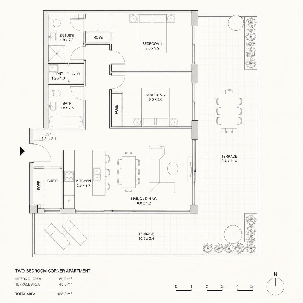 Indicative two-bedroom corner layout at Sei
