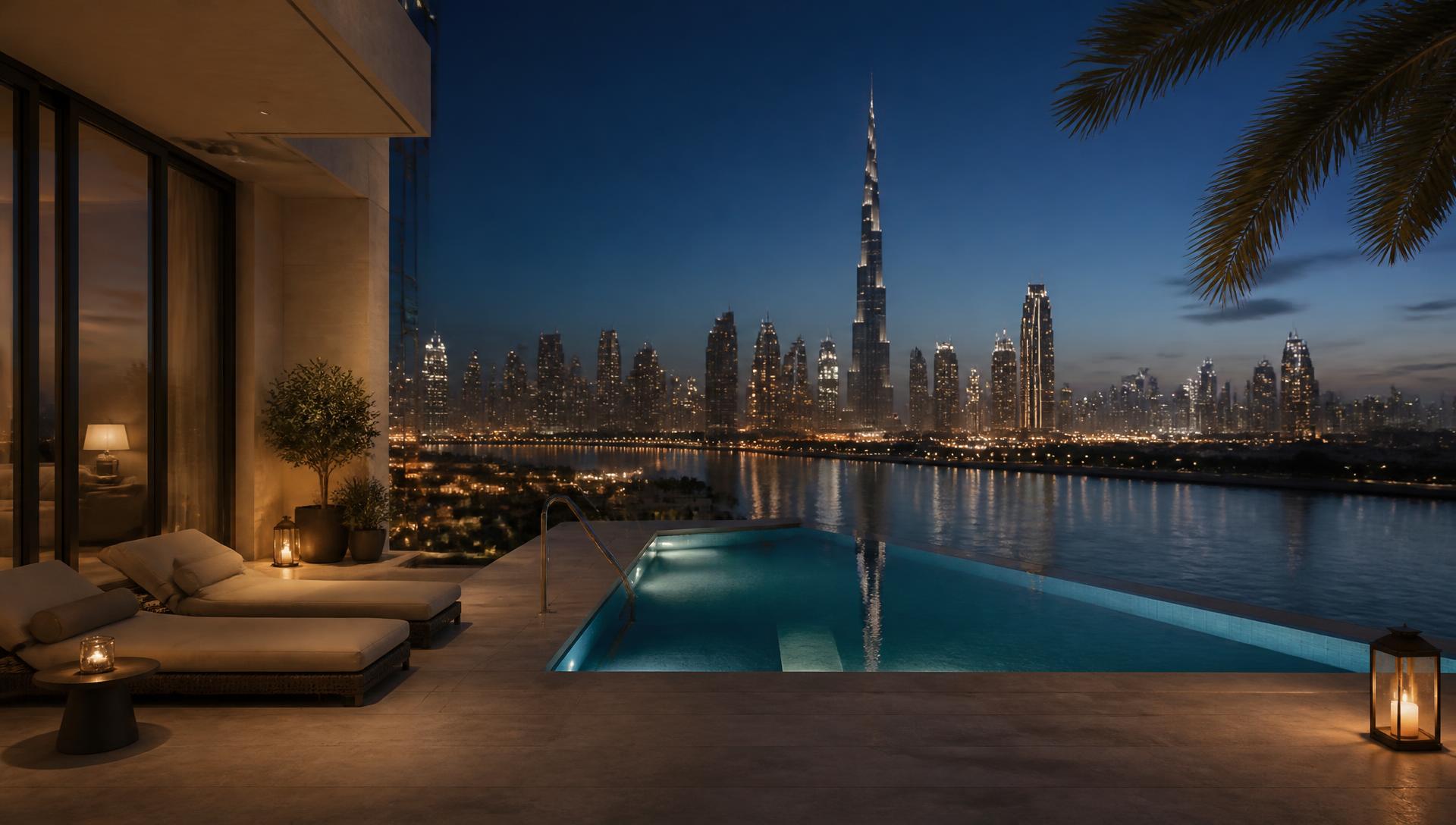 A quiet Dubai terrace at dusk overlooking the city