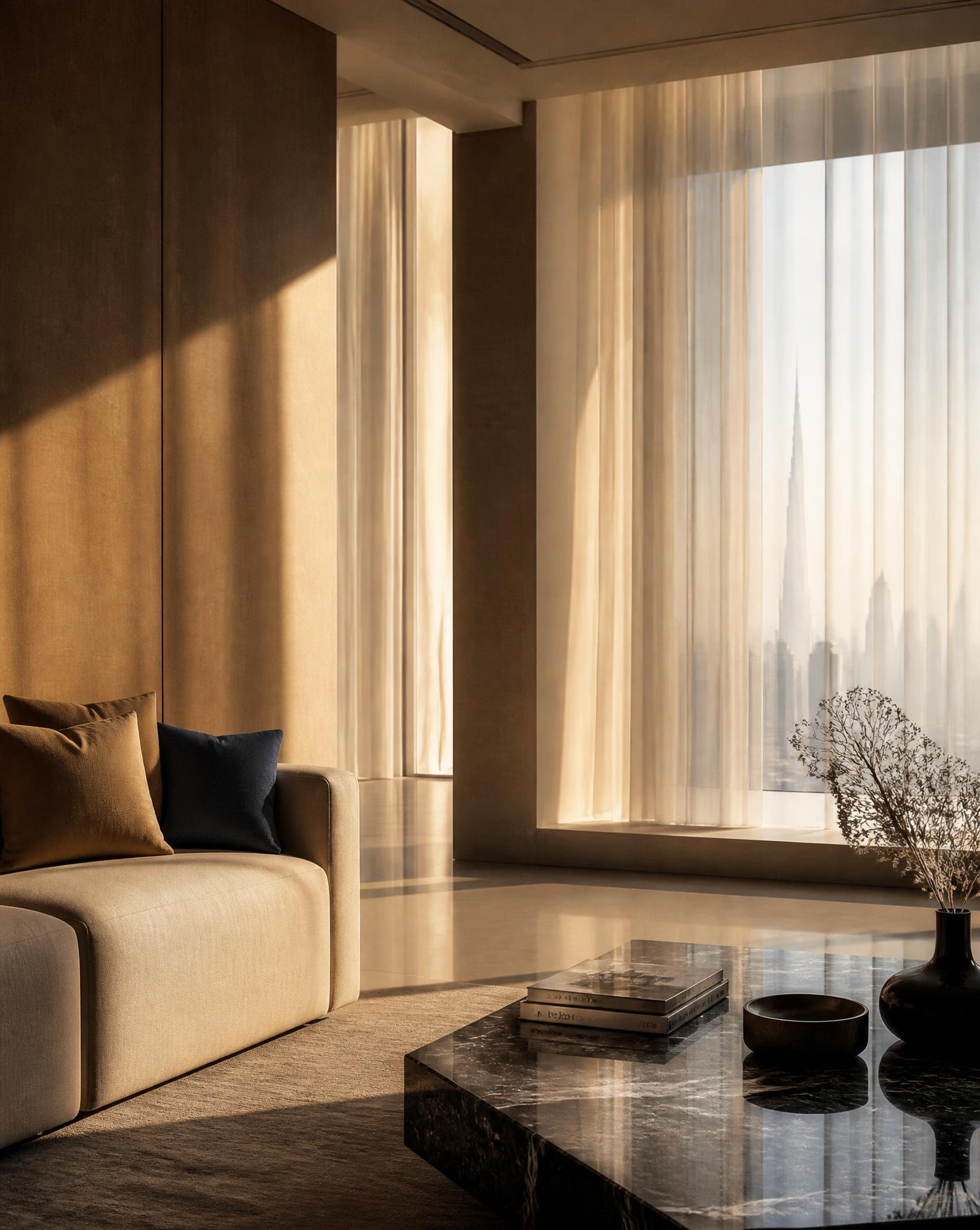 Morning light diffused through sheer curtains in a Dubai residence
